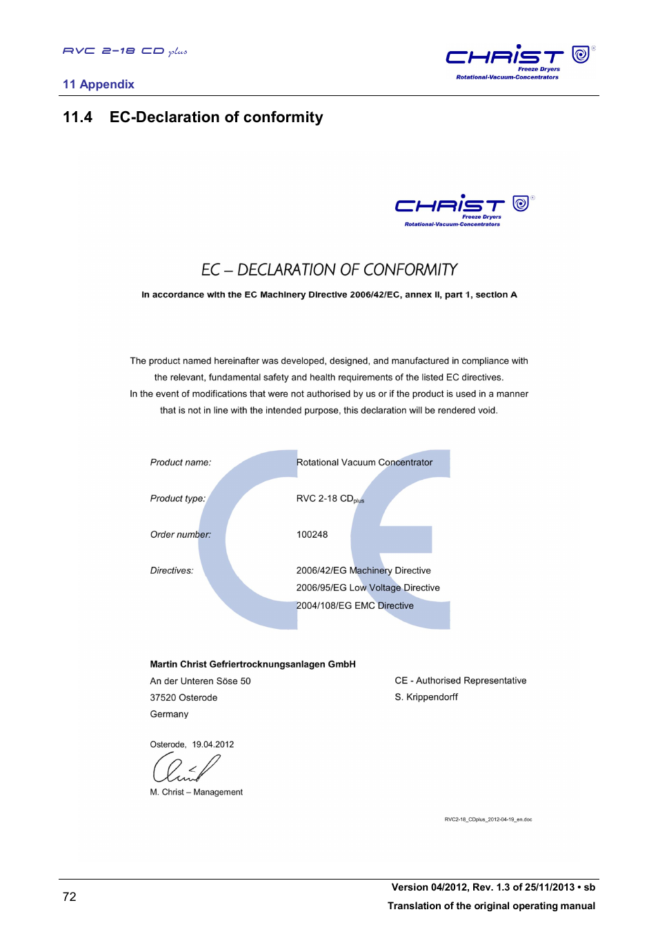 4 ec-declaration of conformity | Martin Christ RVC 2-18 CDplus User Manual | Page 72 / 78