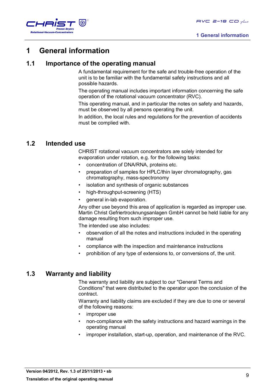 1 general information, 1 importance of the operating manual, 2 intended use | 3 warranty and liability | Martin Christ RVC 2-18 CDplus User Manual | Page 9 / 78