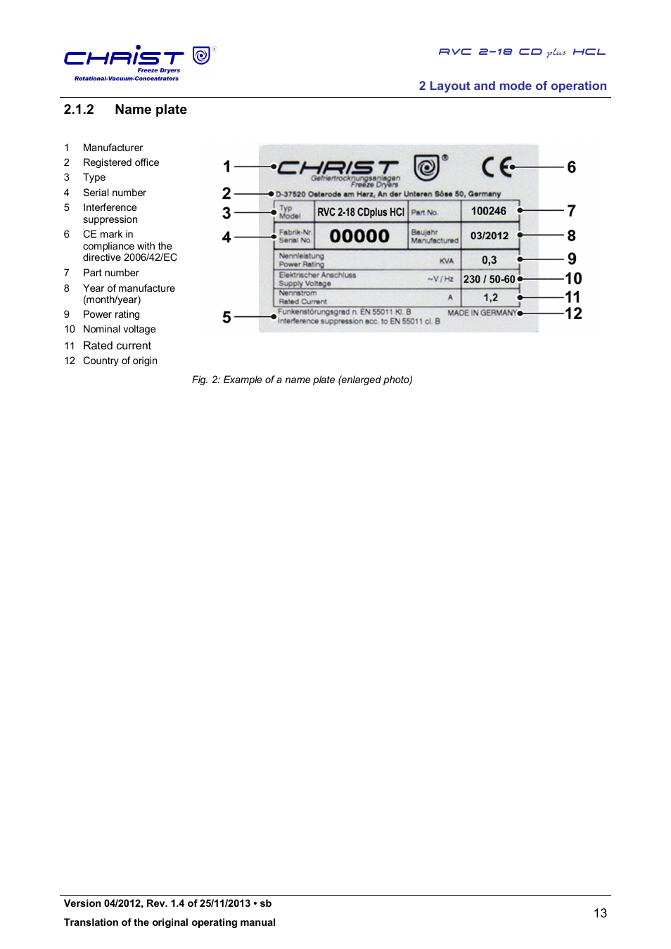 2 name plate | Martin Christ RVC 2-18 CDplus User Manual | Page 13 / 84