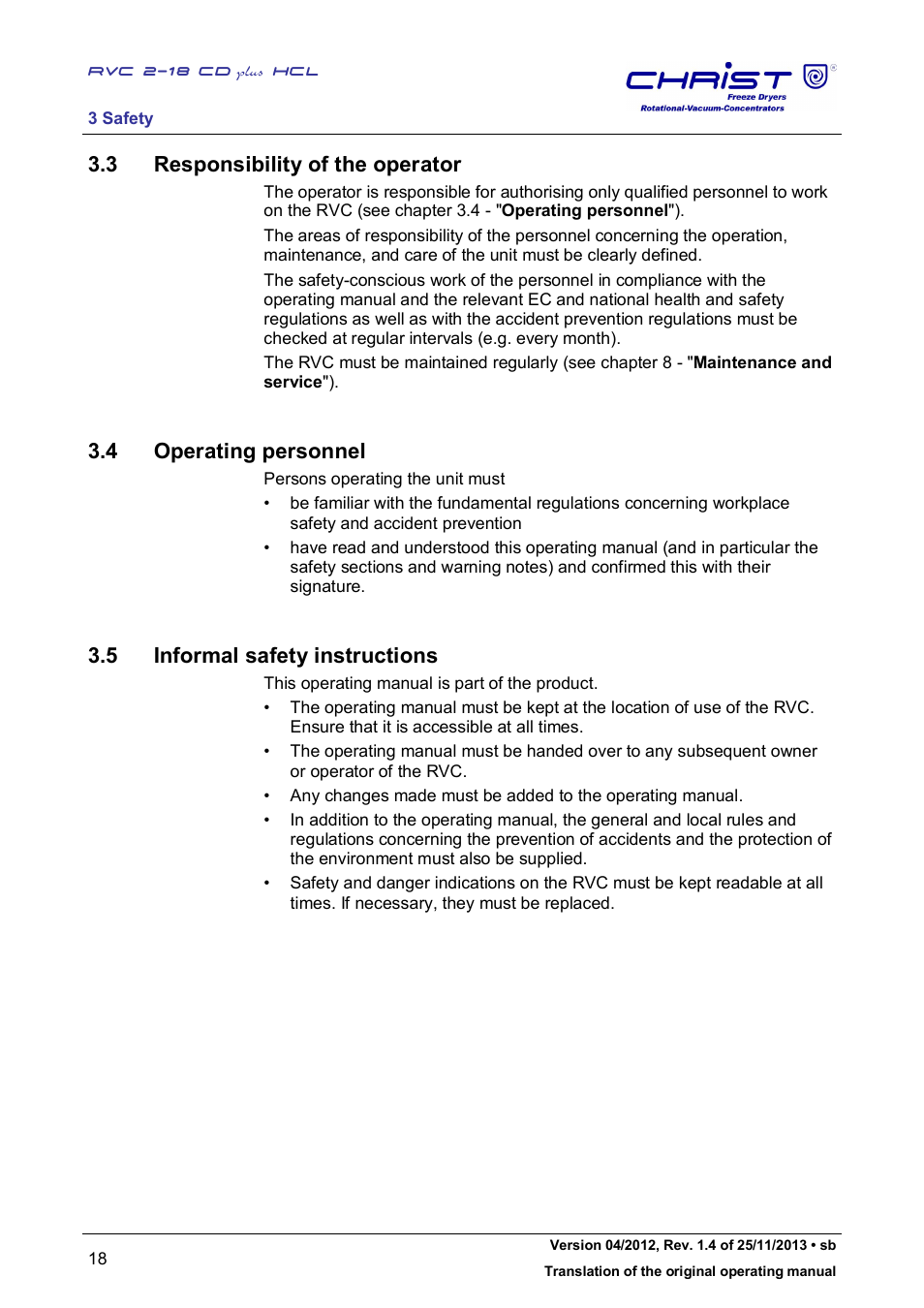 3 responsibility of the operator, 4 operating personnel, 5 informal safety instructions | Martin Christ RVC 2-18 CDplus User Manual | Page 18 / 84