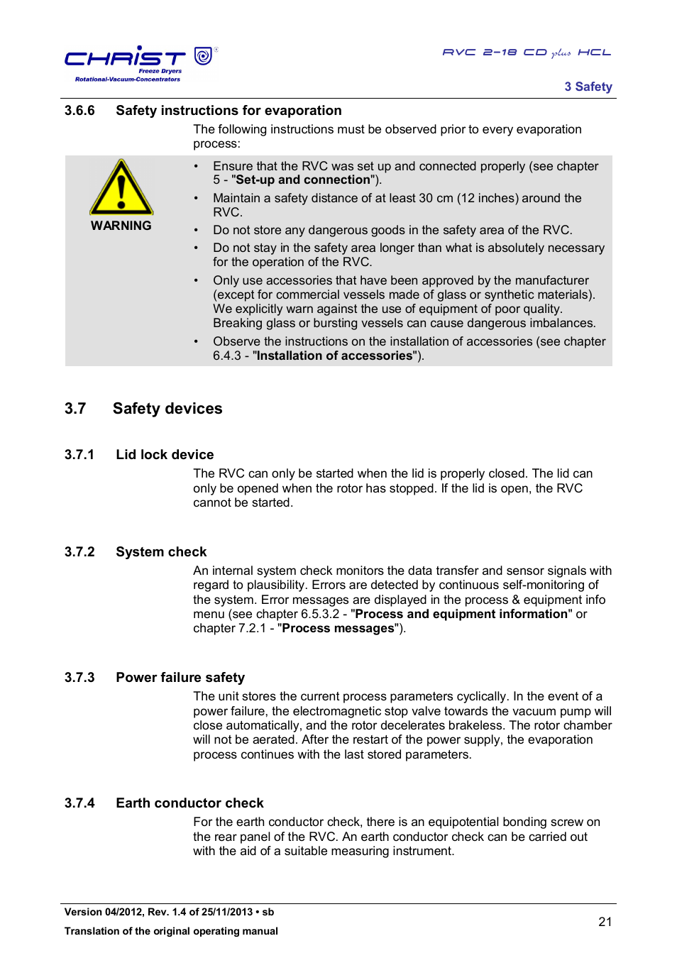 7 safety devices, 6 safety instructions for evaporation, 1 lid lock device | 2 system check, 3 power failure safety, 4 earth conductor check | Martin Christ RVC 2-18 CDplus User Manual | Page 21 / 84