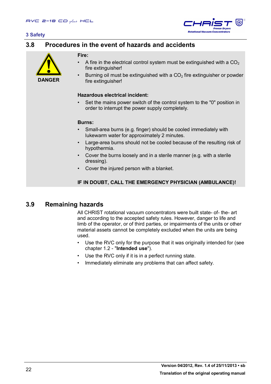 8 procedures in the event of hazards and accidents, 9 remaining hazards | Martin Christ RVC 2-18 CDplus User Manual | Page 22 / 84