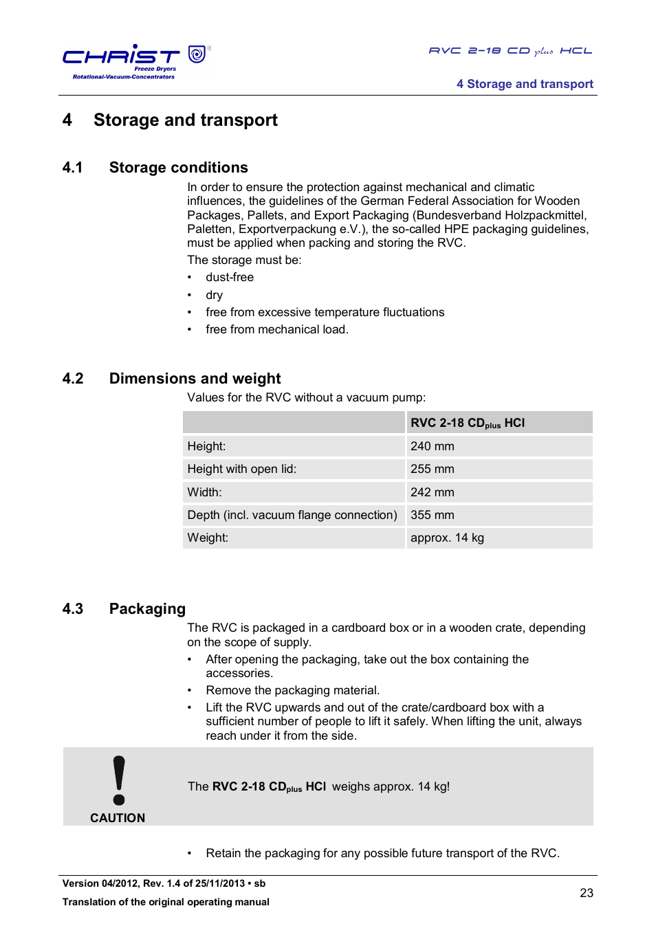 4 storage and transport, 1 storage conditions, 2 dimensions and weight | 3 packaging | Martin Christ RVC 2-18 CDplus User Manual | Page 23 / 84