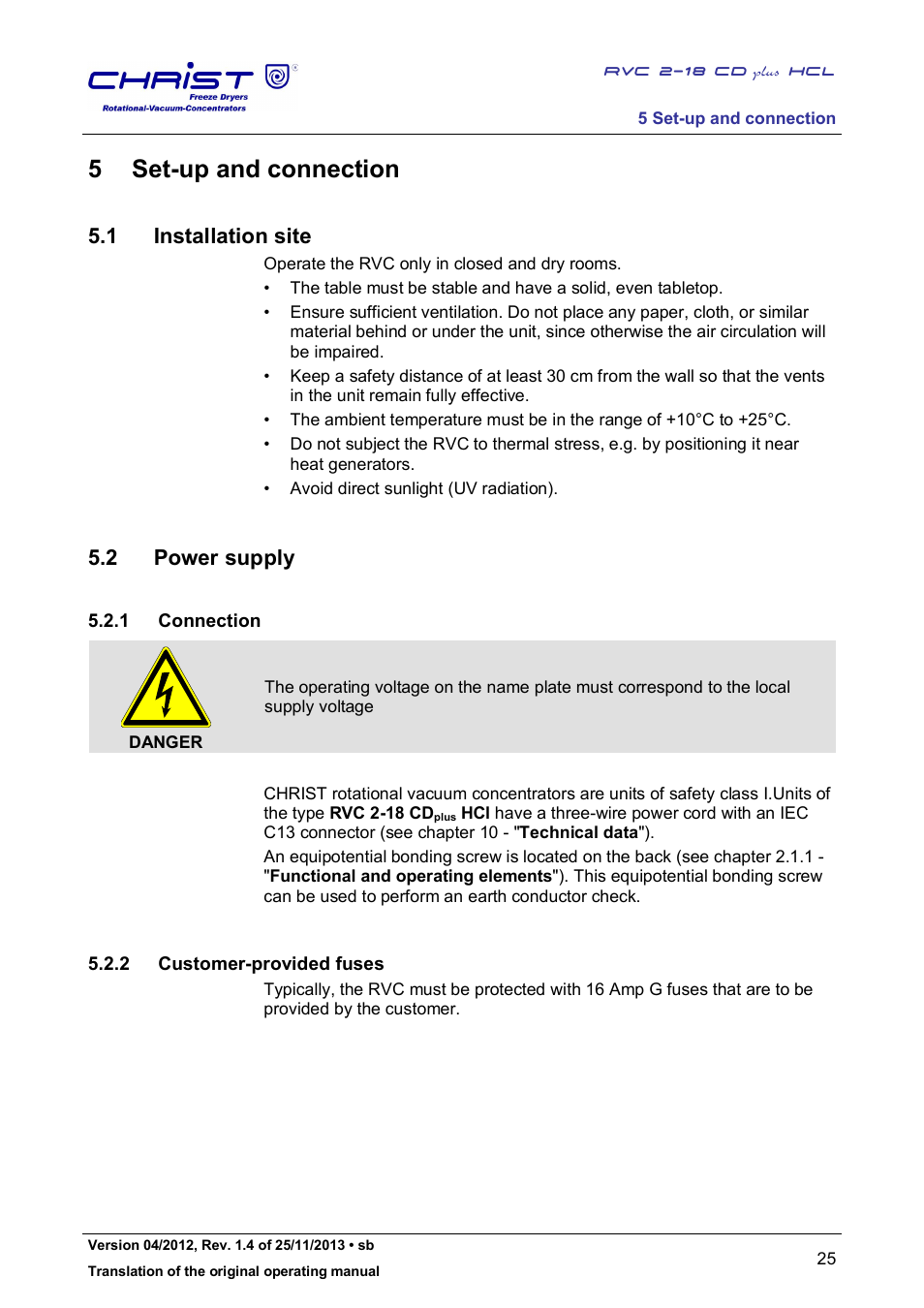 5 set-up and connection, 1 installation site, 2 power supply | 1 connection, 2 customer-provided fuses | Martin Christ RVC 2-18 CDplus User Manual | Page 25 / 84