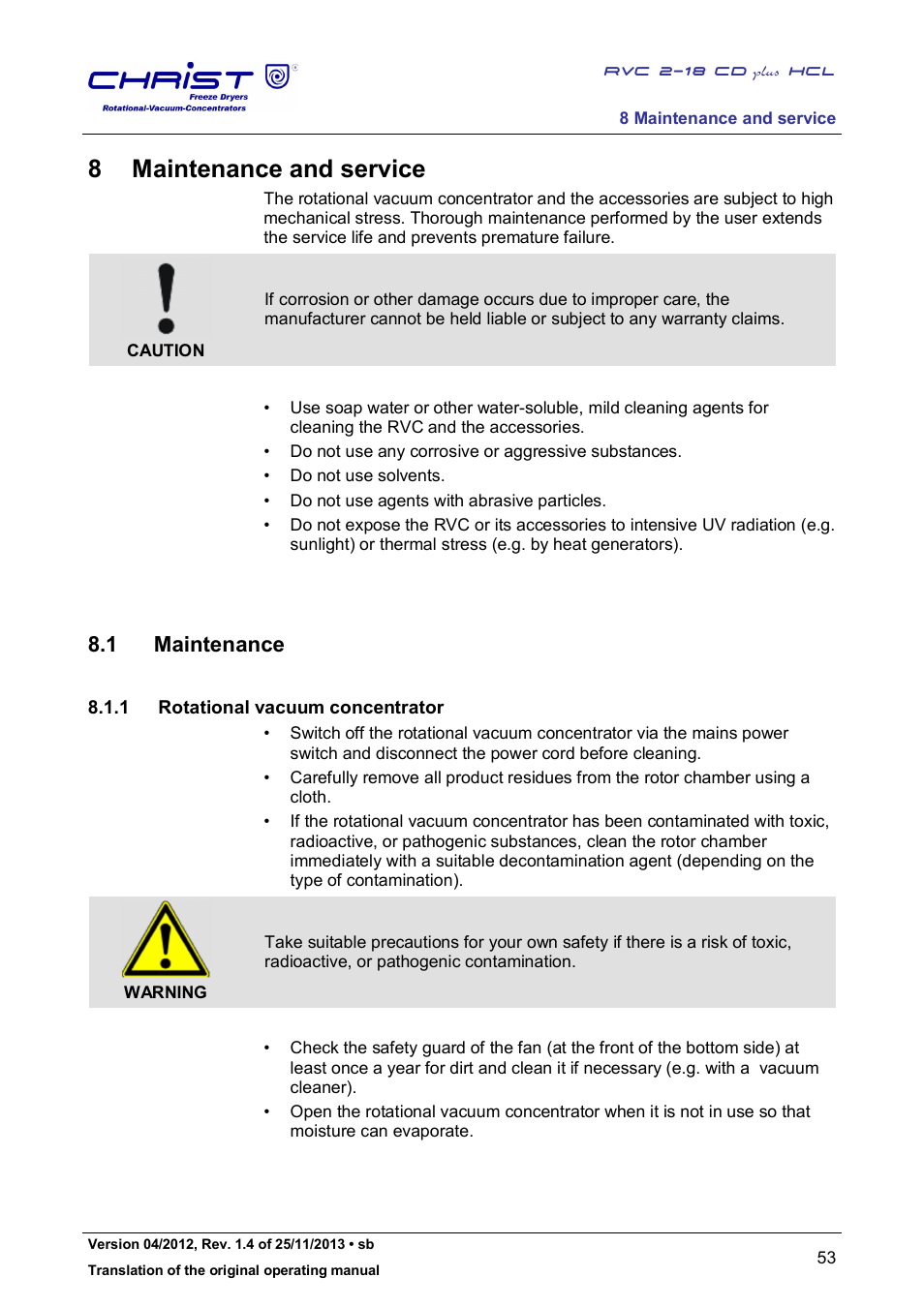 8 maintenance and service, 1 maintenance | Martin Christ RVC 2-18 CDplus User Manual | Page 53 / 84