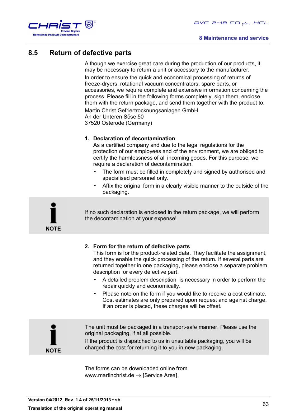 5 return of defective parts | Martin Christ RVC 2-18 CDplus User Manual | Page 63 / 84