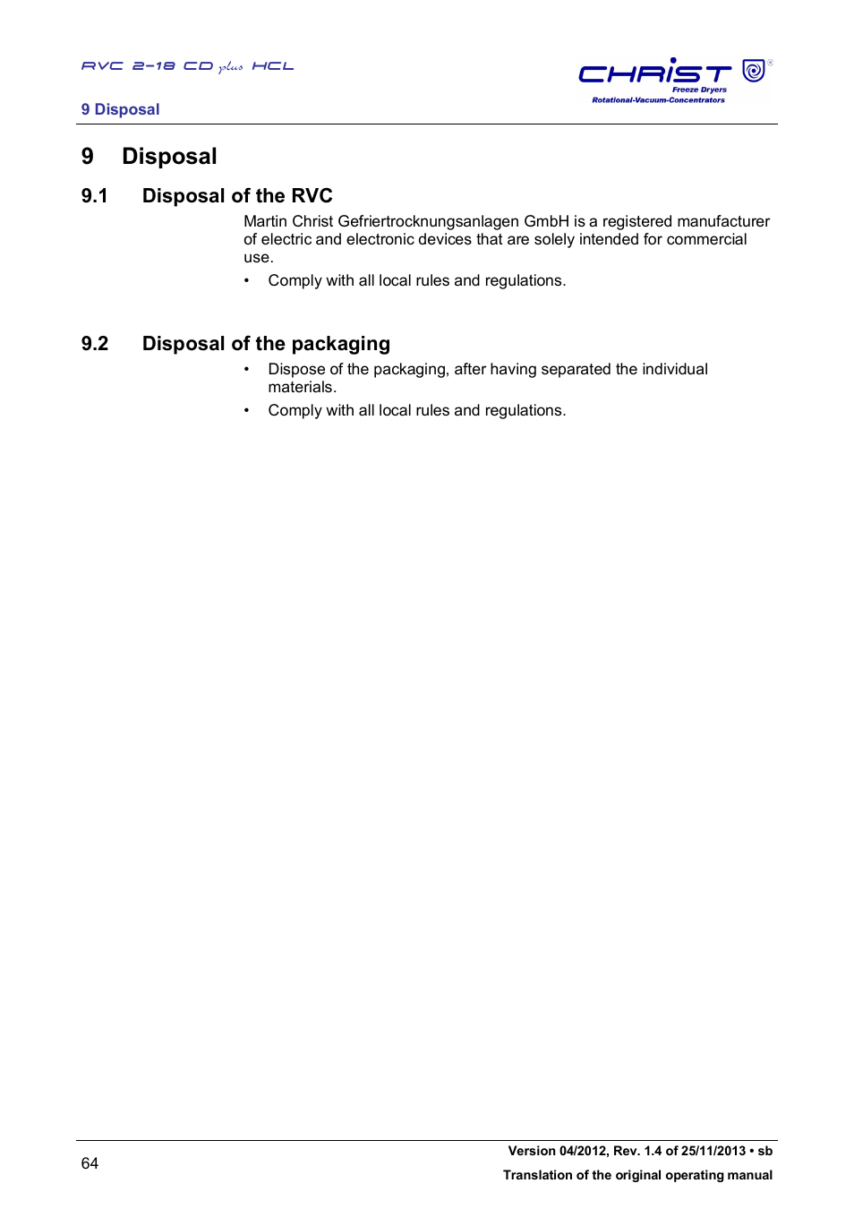 9 disposal, 1 disposal of the rvc, 2 disposal of the packaging | Martin Christ RVC 2-18 CDplus User Manual | Page 64 / 84