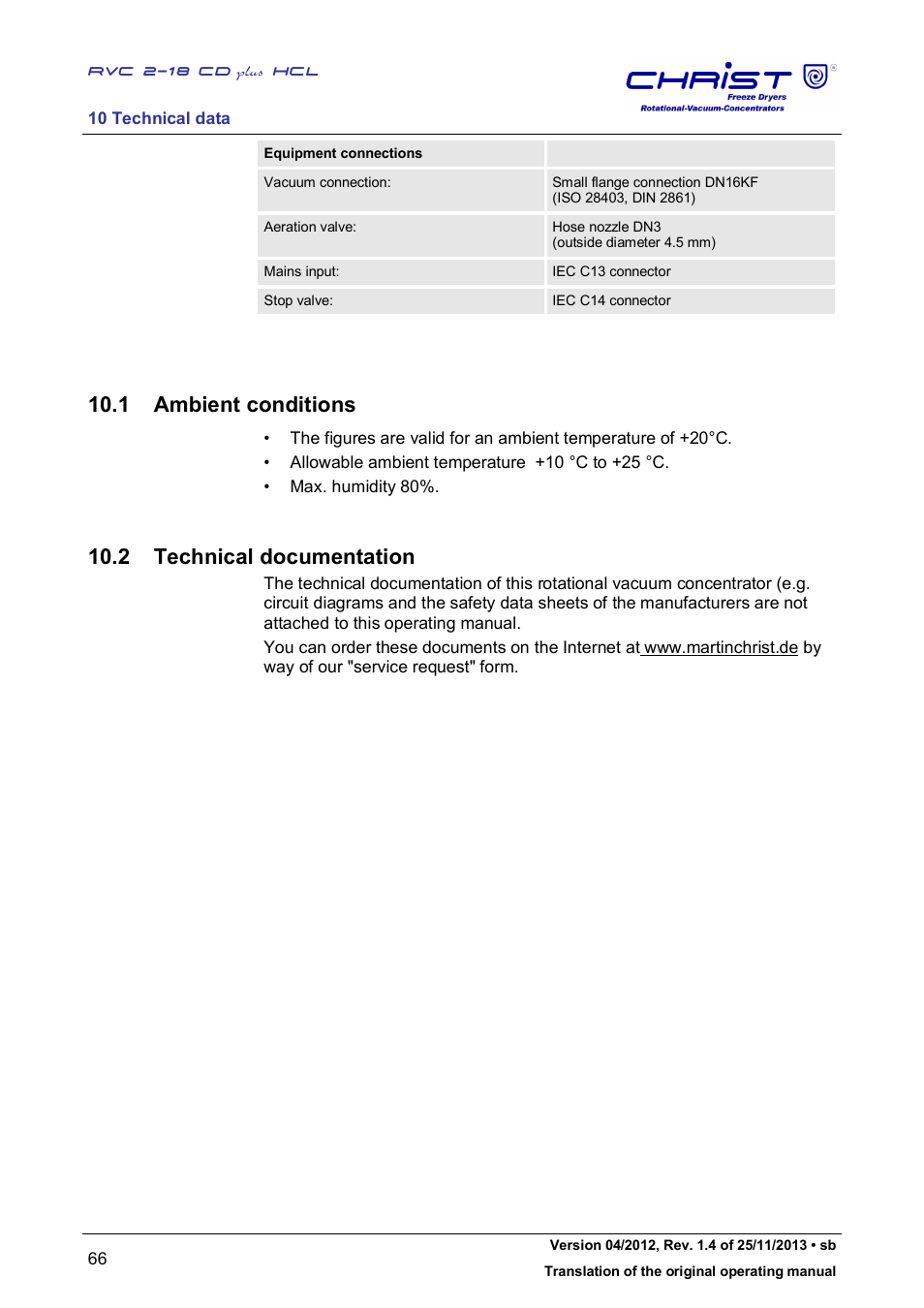 1 ambient conditions, 2 technical documentation | Martin Christ RVC 2-18 CDplus User Manual | Page 66 / 84
