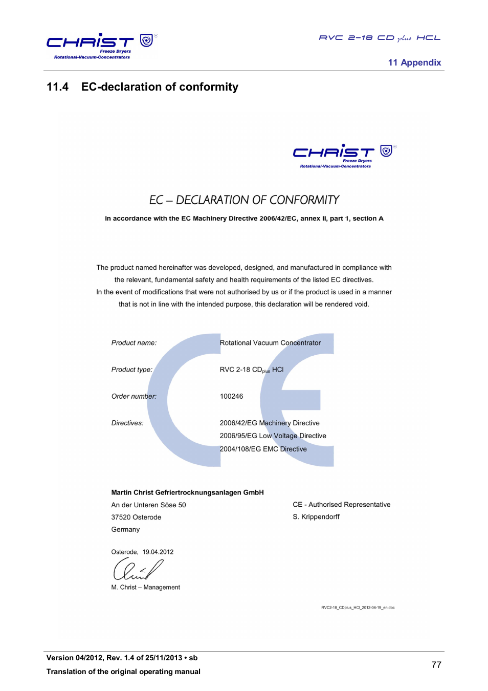 4 ec-declaration of conformity | Martin Christ RVC 2-18 CDplus User Manual | Page 77 / 84