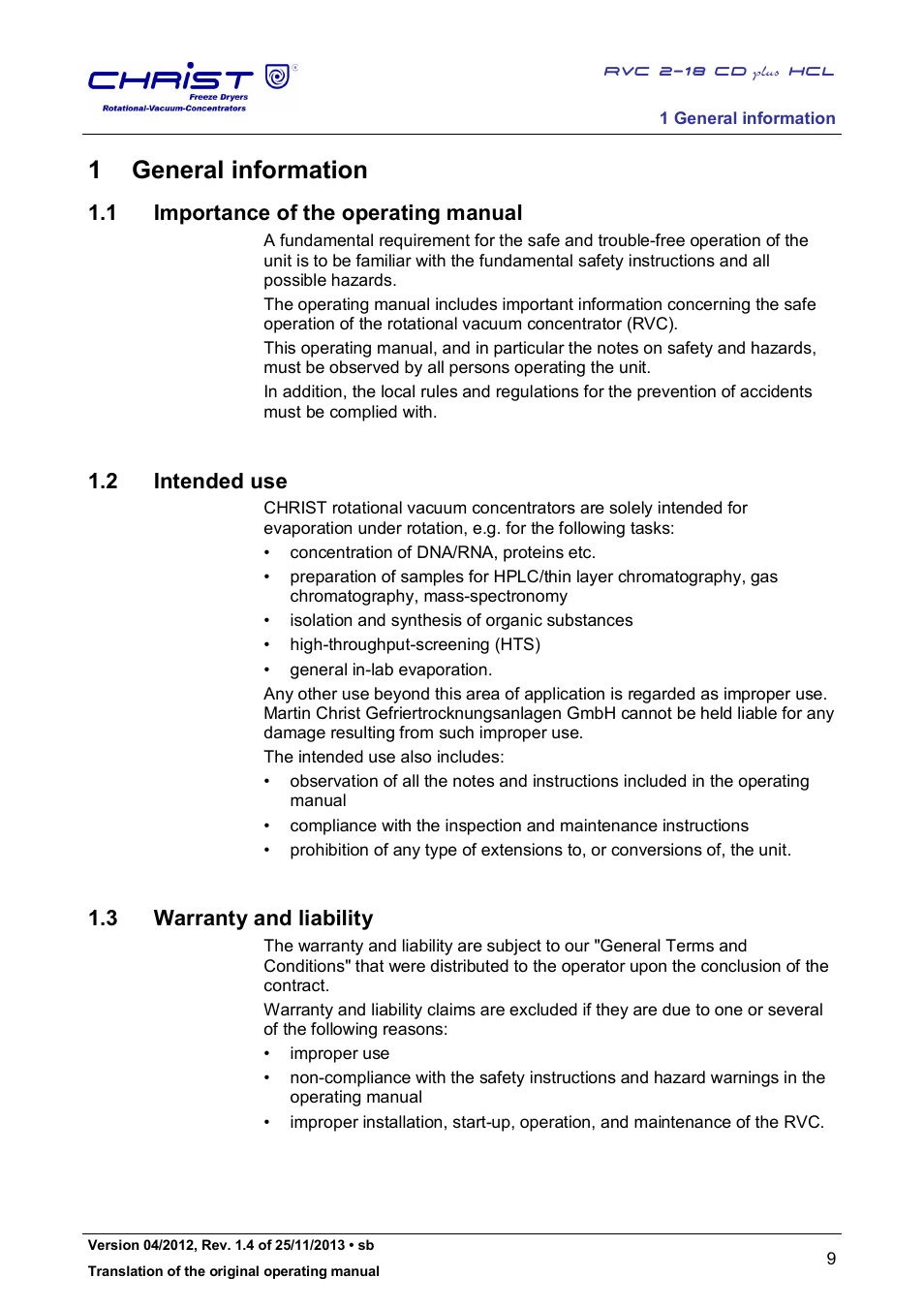 1 general information, 1 importance of the operating manual, 2 intended use | 3 warranty and liability | Martin Christ RVC 2-18 CDplus User Manual | Page 9 / 84