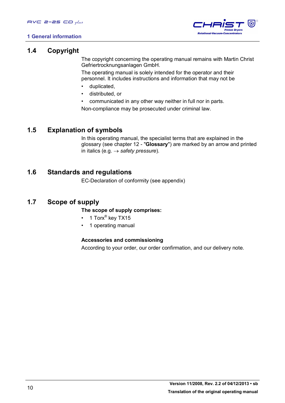 4 copyright, 5 explanation of symbols, 6 standards and regulations | 7 scope of supply | Martin Christ RVC 2-25 CDplus User Manual | Page 10 / 86