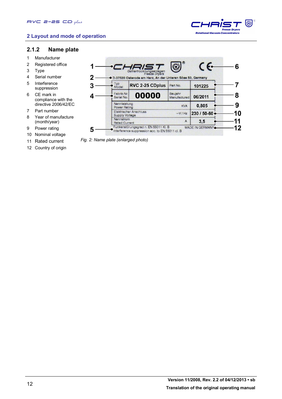 2 name plate | Martin Christ RVC 2-25 CDplus User Manual | Page 12 / 86