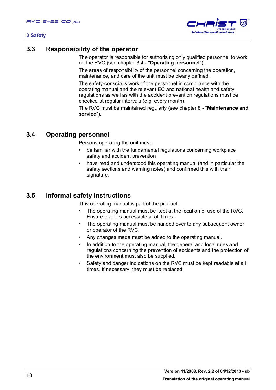 3 responsibility of the operator, 4 operating personnel, 5 informal safety instructions | Martin Christ RVC 2-25 CDplus User Manual | Page 18 / 86