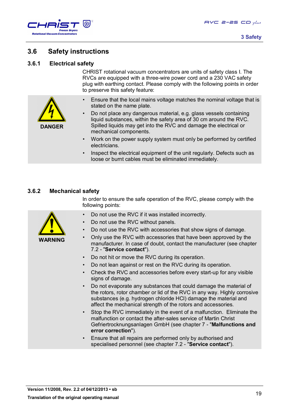 6 safety instructions, 1 electrical safety, 2 mechanical safety | Martin Christ RVC 2-25 CDplus User Manual | Page 19 / 86