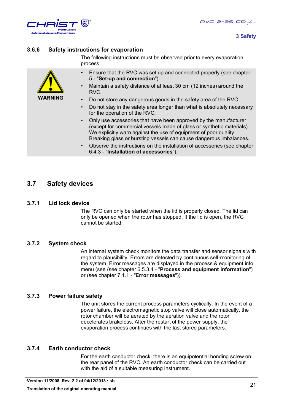 7 safety devices, 6 safety instructions for evaporation, 1 lid lock device | 2 system check, 3 power failure safety, 4 earth conductor check | Martin Christ RVC 2-25 CDplus User Manual | Page 21 / 86