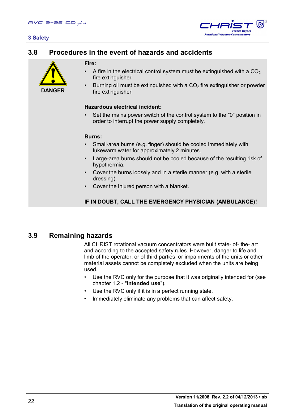 8 procedures in the event of hazards and accidents, 9 remaining hazards | Martin Christ RVC 2-25 CDplus User Manual | Page 22 / 86