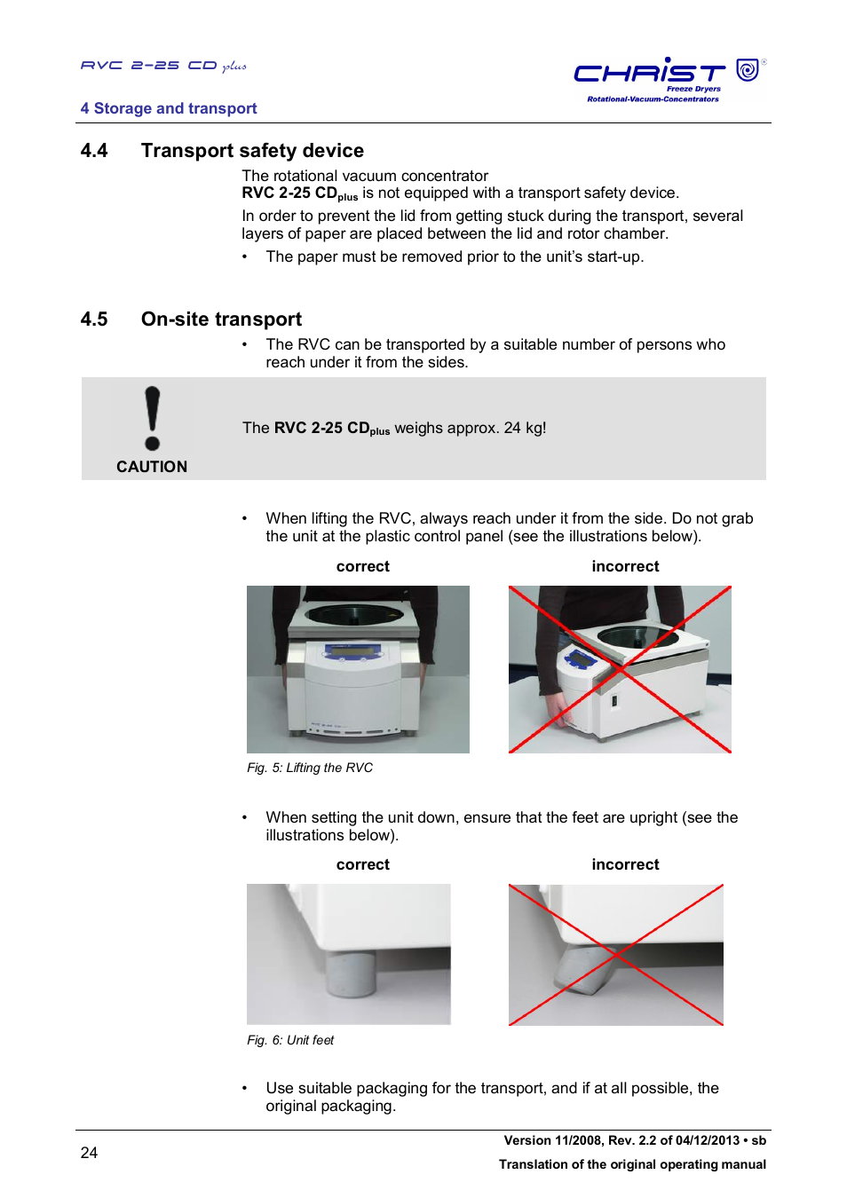 4 transport safety device, 5 on-site transport | Martin Christ RVC 2-25 CDplus User Manual | Page 24 / 86