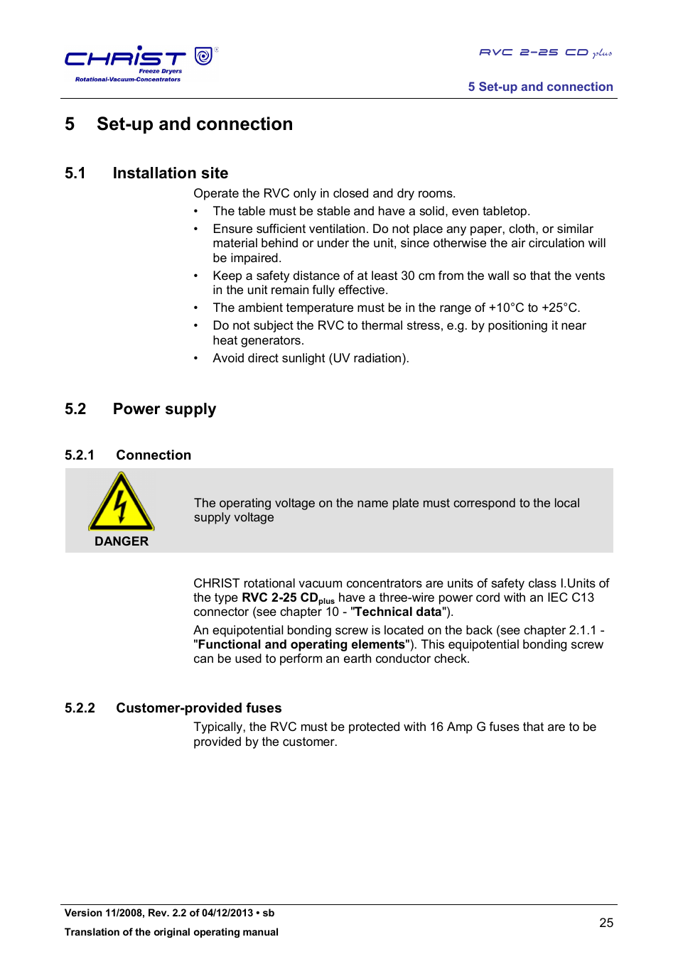 5 set-up and connection, 1 installation site, 2 power supply | 1 connection, 2 customer-provided fuses | Martin Christ RVC 2-25 CDplus User Manual | Page 25 / 86