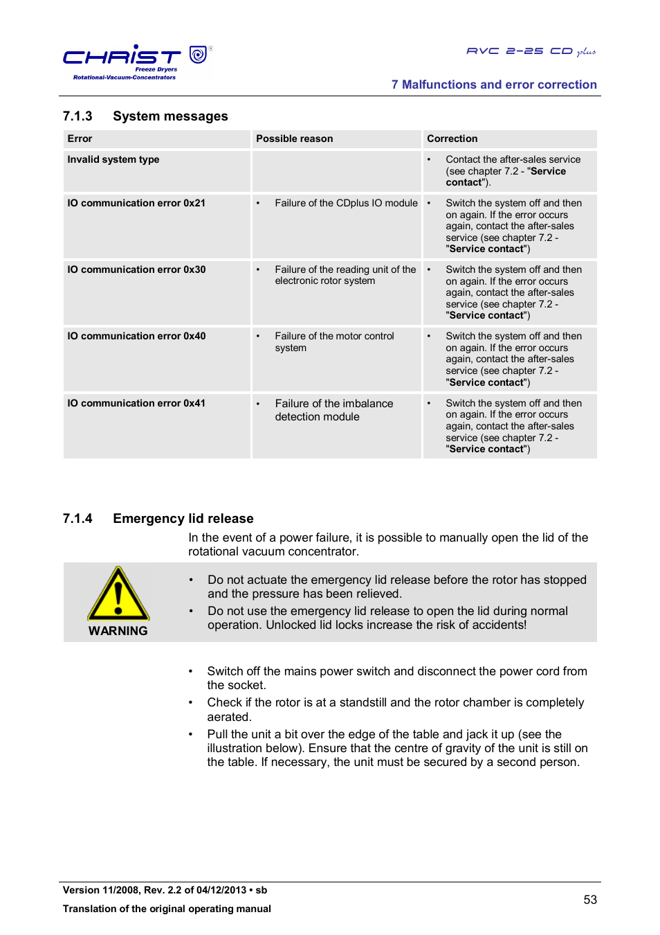 3 system messages, 4 emergency lid release | Martin Christ RVC 2-25 CDplus User Manual | Page 53 / 86