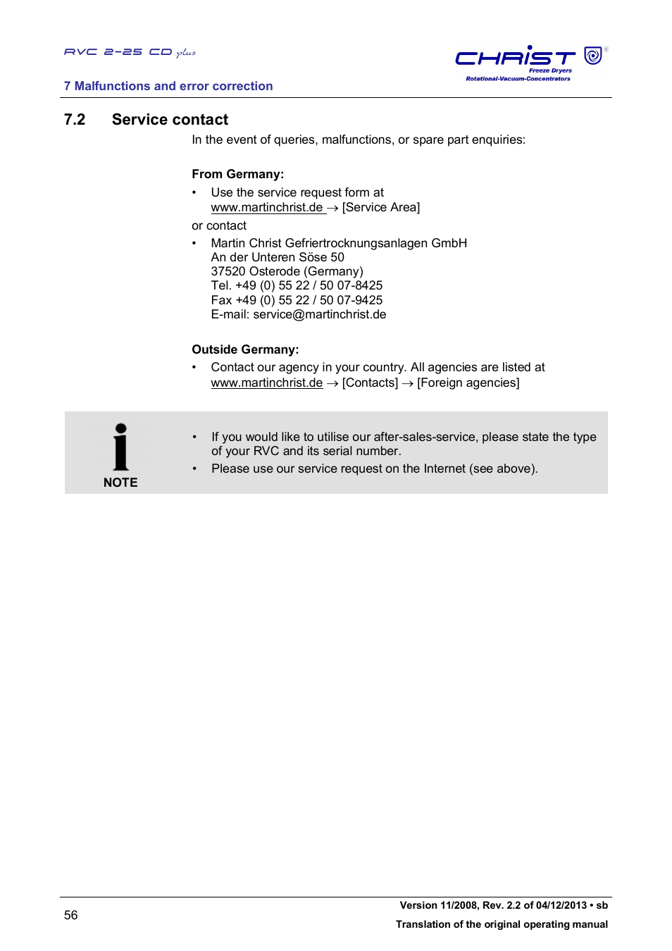 2 service contact | Martin Christ RVC 2-25 CDplus User Manual | Page 56 / 86