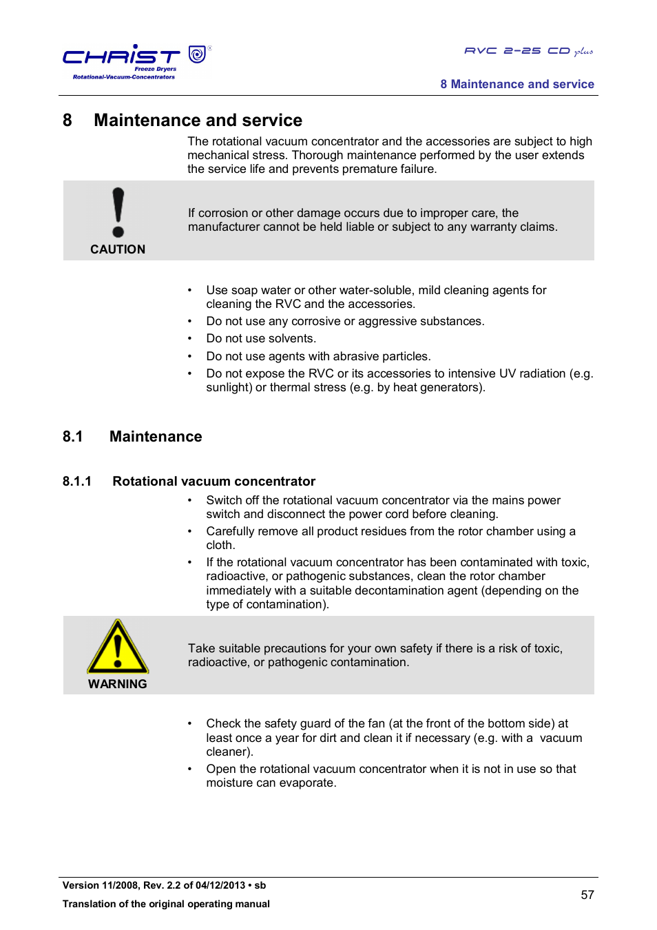 8 maintenance and service, 1 maintenance | Martin Christ RVC 2-25 CDplus User Manual | Page 57 / 86