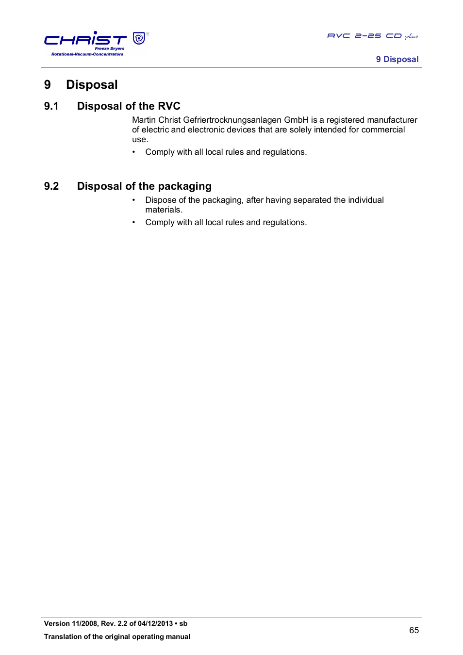 9 disposal, 1 disposal of the rvc, 2 disposal of the packaging | Martin Christ RVC 2-25 CDplus User Manual | Page 65 / 86