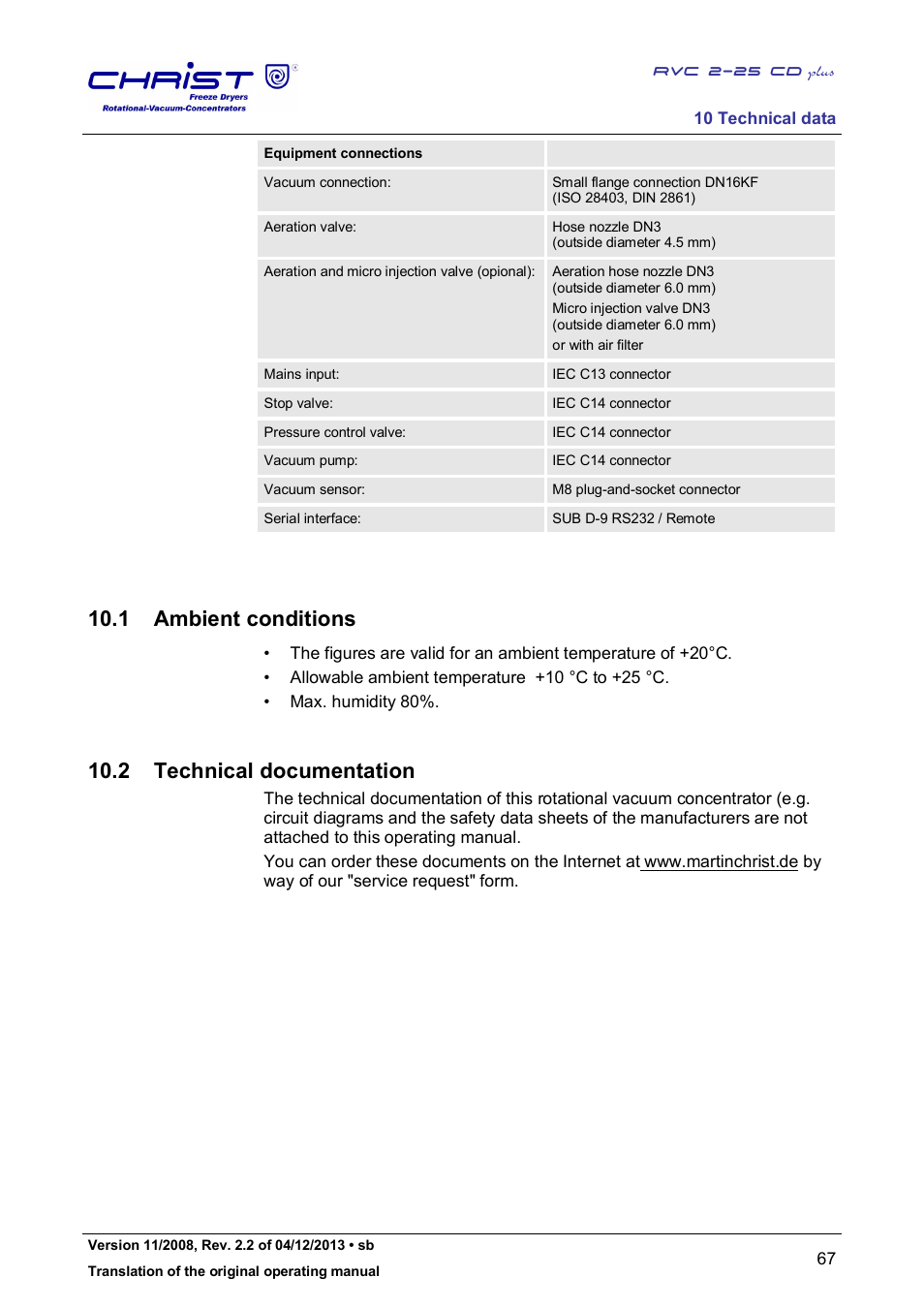 1 ambient conditions, 2 technical documentation | Martin Christ RVC 2-25 CDplus User Manual | Page 67 / 86