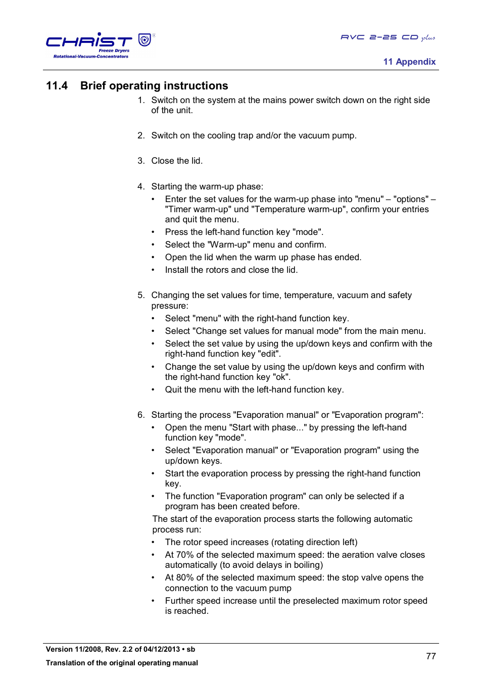4 brief operating instructions | Martin Christ RVC 2-25 CDplus User Manual | Page 77 / 86