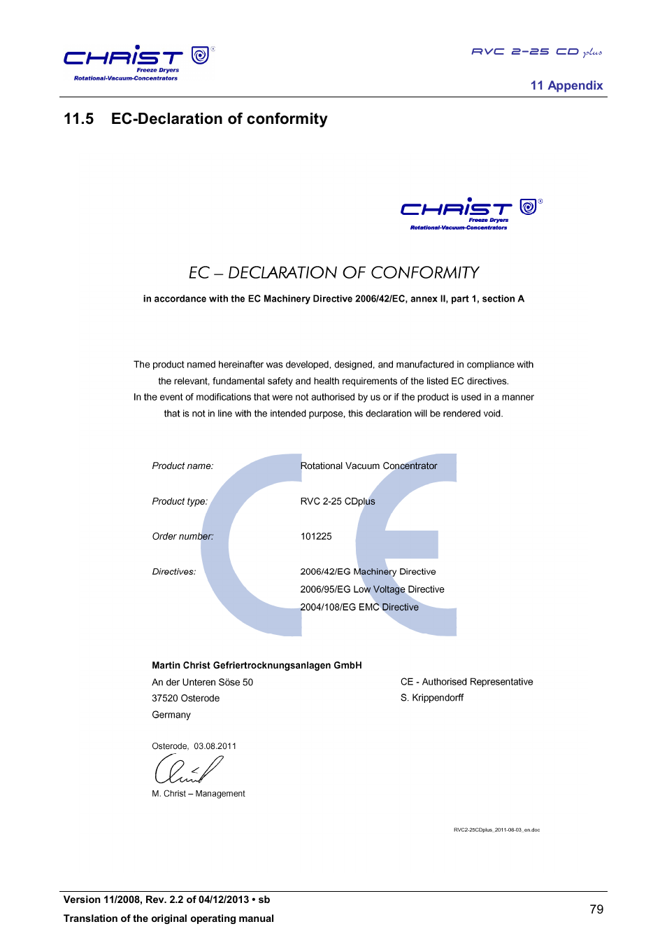 5 ec-declaration of conformity | Martin Christ RVC 2-25 CDplus User Manual | Page 79 / 86