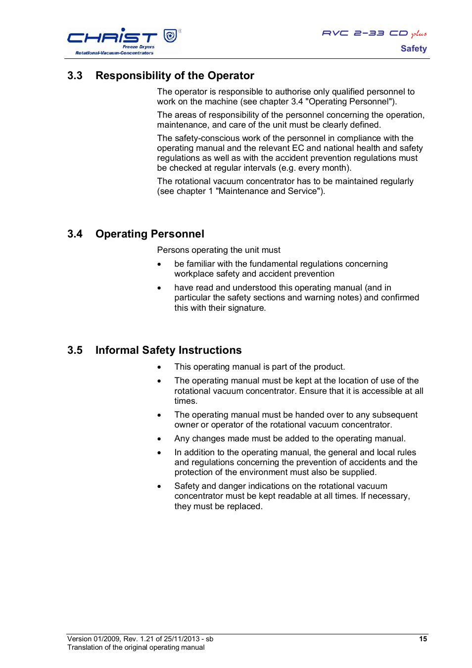 3 responsibility of the operator, 4 operating personnel, 5 informal safety instructions | Martin Christ RVC 2-33 CDplus User Manual | Page 15 / 84