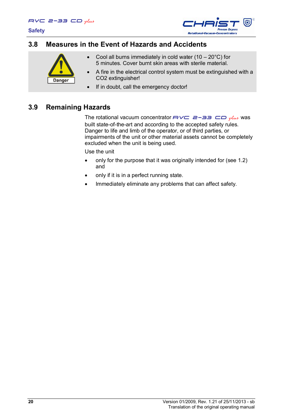 8 measures in the event of hazards and accidents, 9 remaining hazards | Martin Christ RVC 2-33 CDplus User Manual | Page 20 / 84