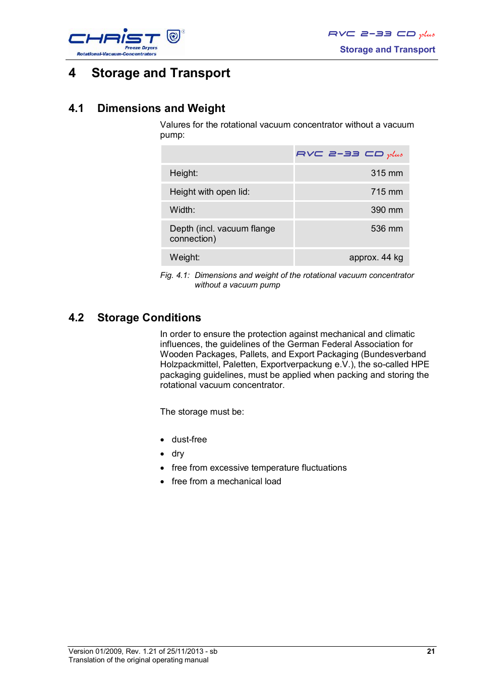 4 storage and transport, 1 dimensions and weight, 2 storage conditions | Martin Christ RVC 2-33 CDplus User Manual | Page 21 / 84