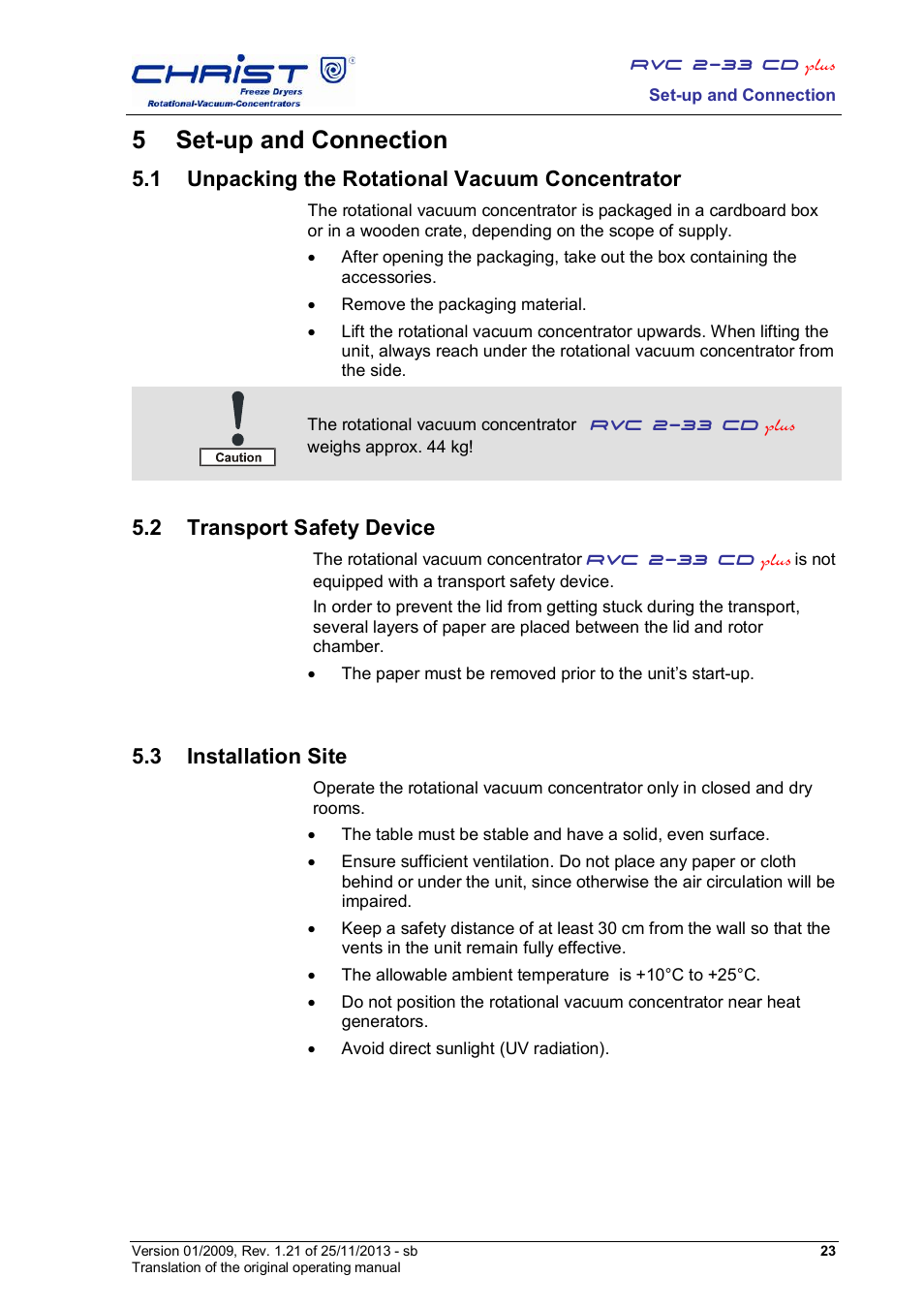 5 set-up and connection, 1 unpacking the rotational vacuum concentrator, 2 transport safety device | 3 installation site | Martin Christ RVC 2-33 CDplus User Manual | Page 23 / 84