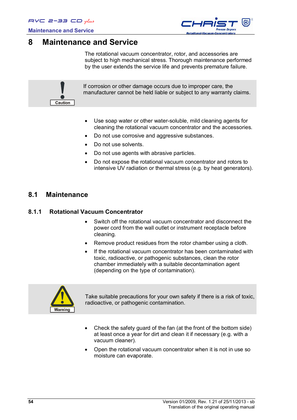 8 maintenance and service, 1 maintenance | Martin Christ RVC 2-33 CDplus User Manual | Page 54 / 84