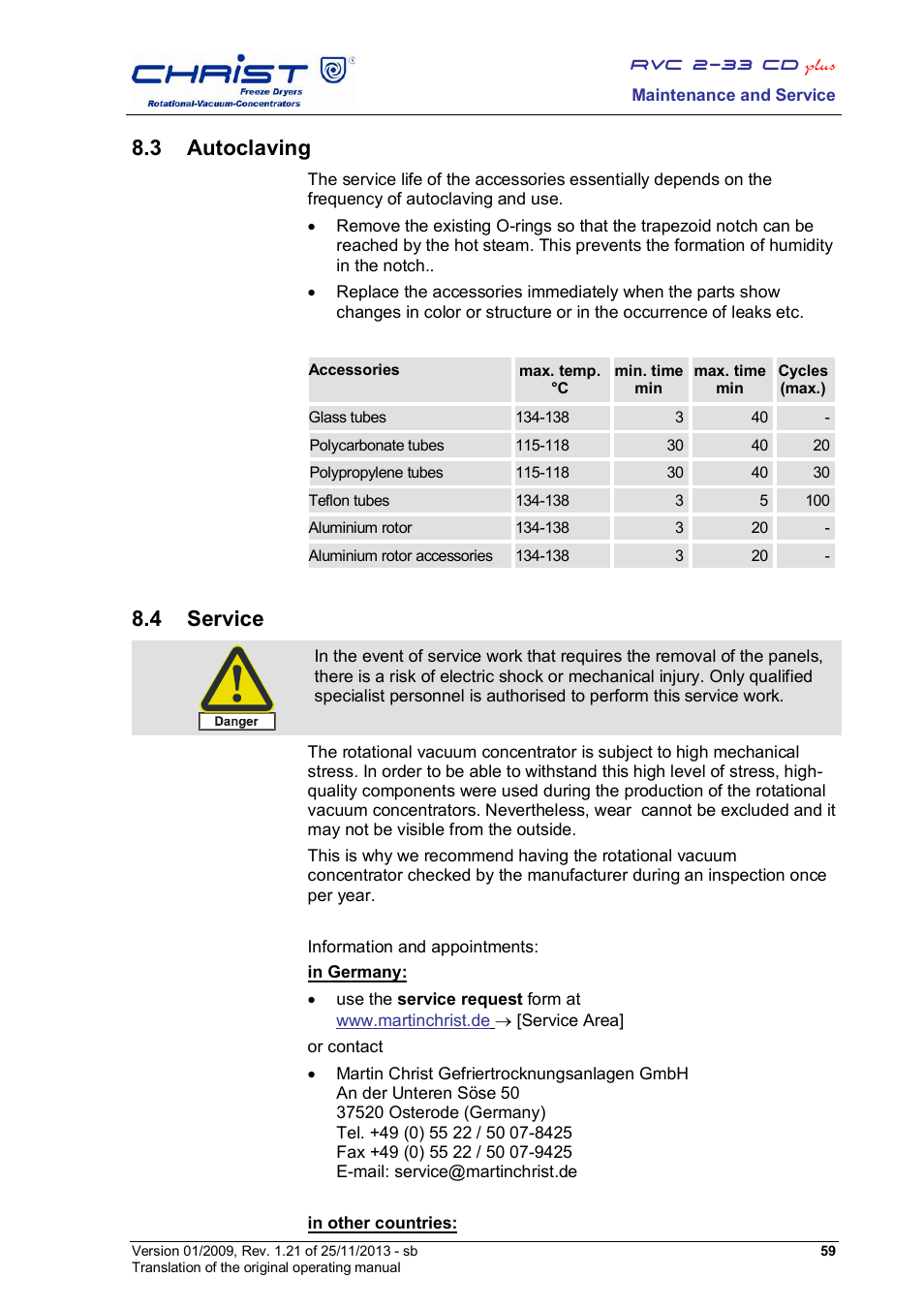 3 autoclaving, 4 service | Martin Christ RVC 2-33 CDplus User Manual | Page 59 / 84