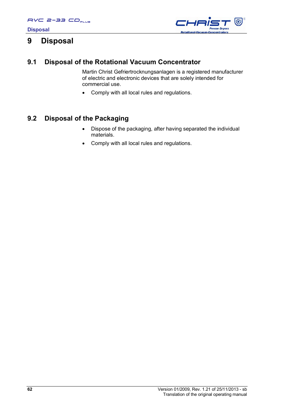 9 disposal, 1 disposal of the rotational vacuum concentrator, 2 disposal of the packaging | Martin Christ RVC 2-33 CDplus User Manual | Page 62 / 84