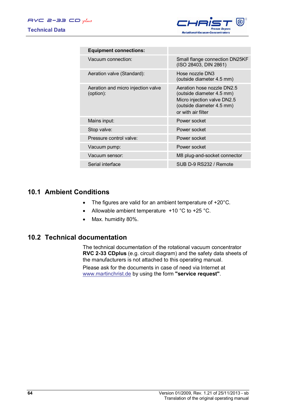 1 ambient conditions, 2 technical documentation | Martin Christ RVC 2-33 CDplus User Manual | Page 64 / 84