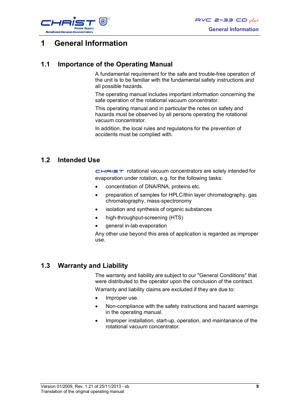 1 general information, 1 importance of the operating manual, 2 intended use | 3 warranty and liability | Martin Christ RVC 2-33 CDplus User Manual | Page 9 / 84