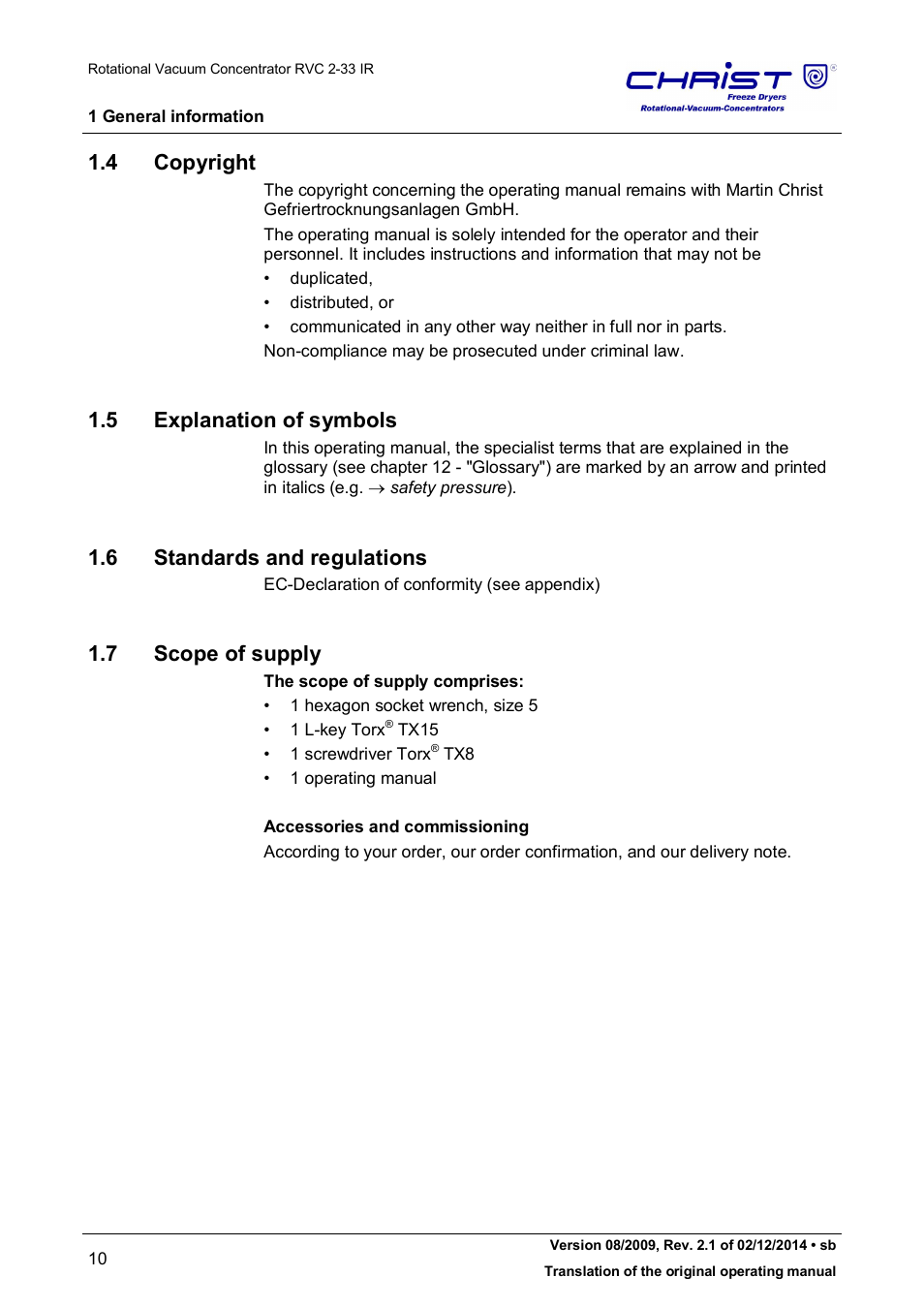 4 copyright, 5 explanation of symbols, 6 standards and regulations | 7 scope of supply | Martin Christ RVC 2-33 CDplus User Manual | Page 10 / 98