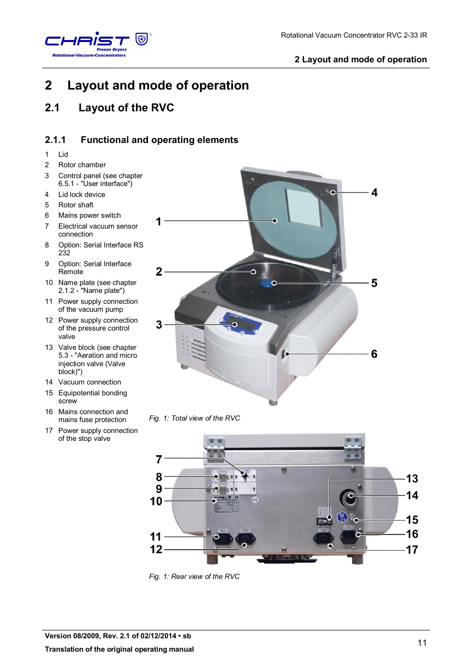2 layout and mode of operation, 1 layout of the rvc, 1 functional and operating elements | Martin Christ RVC 2-33 CDplus User Manual | Page 11 / 98