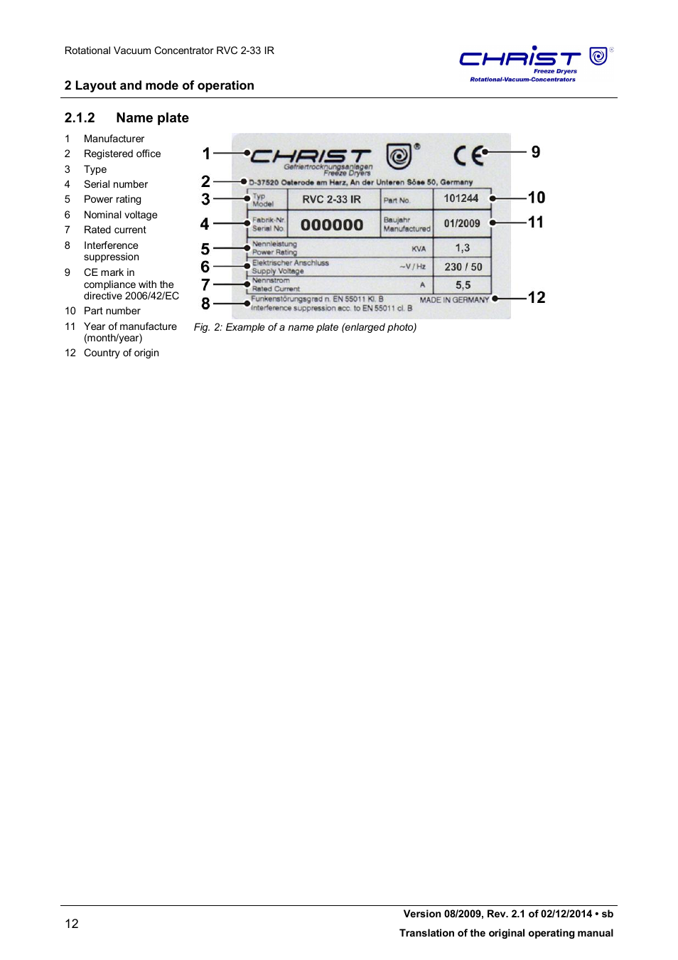 2 name plate | Martin Christ RVC 2-33 CDplus User Manual | Page 12 / 98