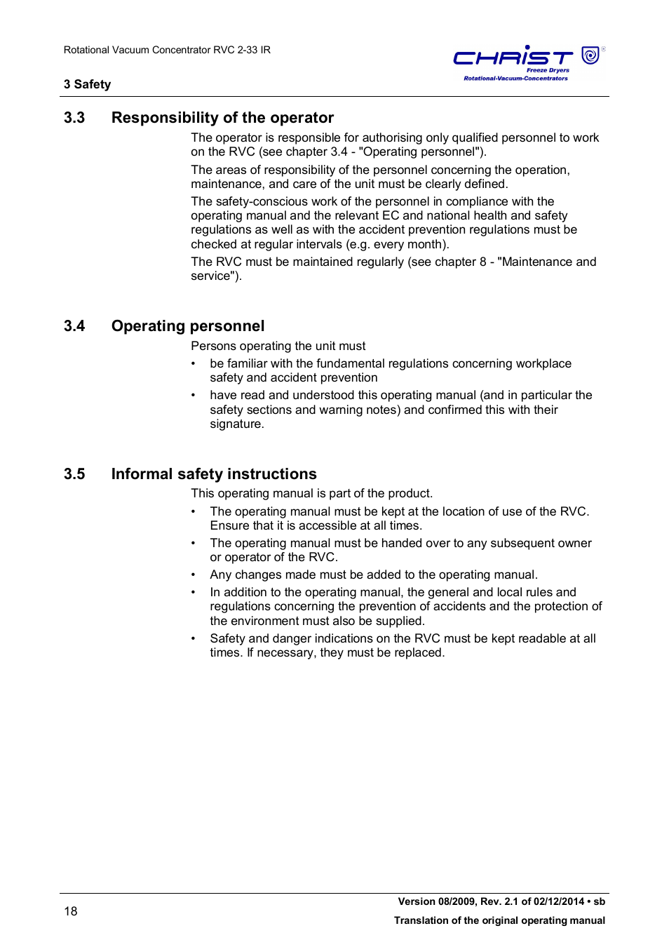 3 responsibility of the operator, 4 operating personnel, 5 informal safety instructions | Martin Christ RVC 2-33 CDplus User Manual | Page 18 / 98