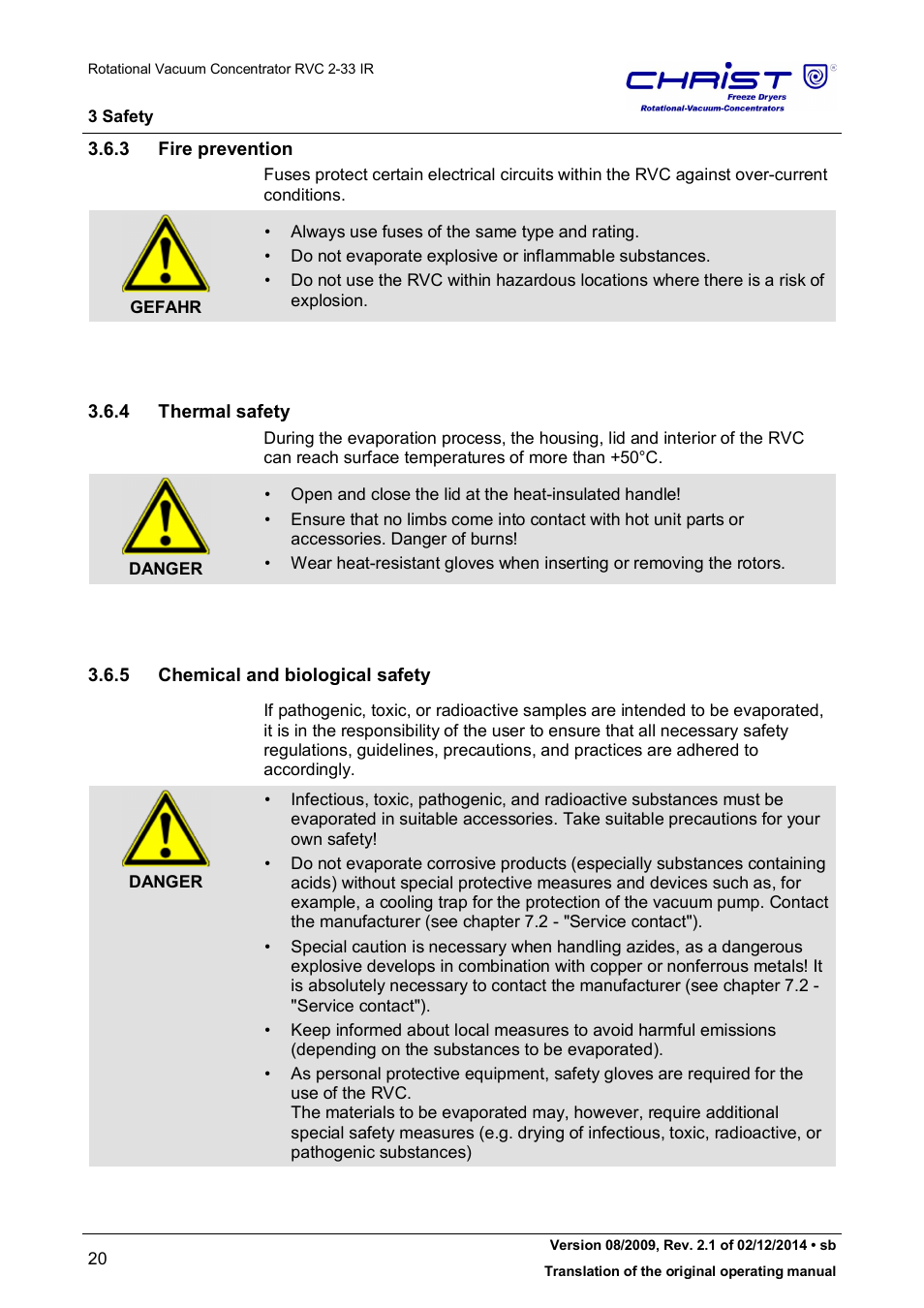 3 fire prevention, 4 thermal safety, 5 chemical and biological safety | Martin Christ RVC 2-33 CDplus User Manual | Page 20 / 98