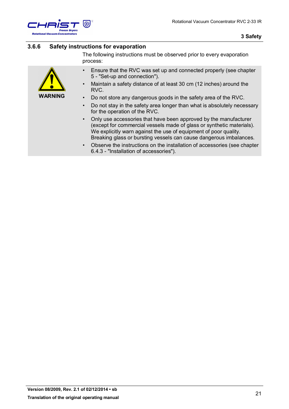 6 safety instructions for evaporation | Martin Christ RVC 2-33 CDplus User Manual | Page 21 / 98