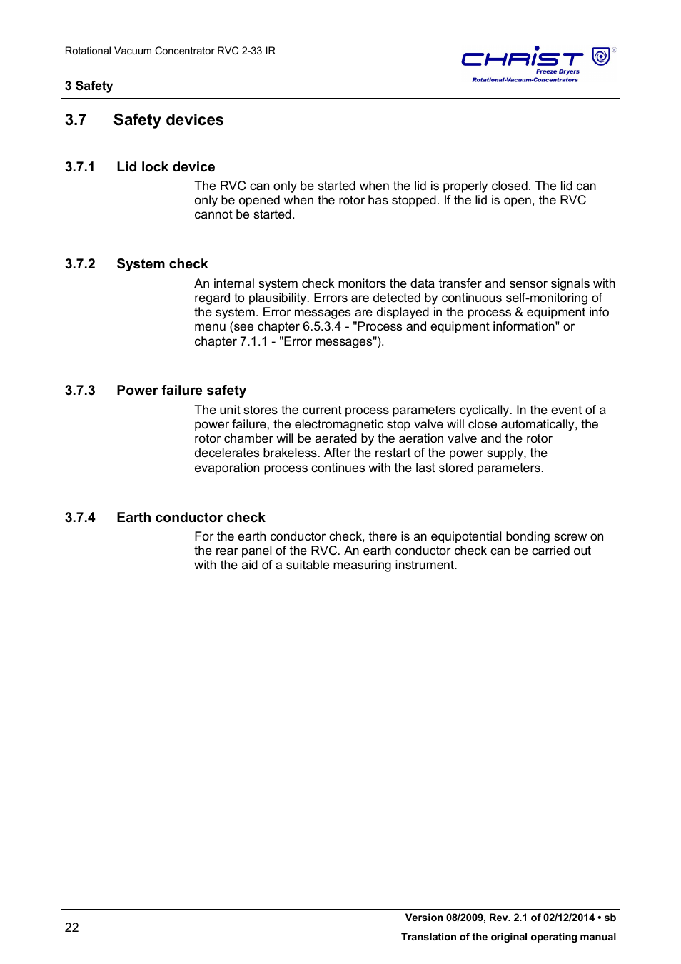 7 safety devices, 1 lid lock device, 2 system check | 3 power failure safety, 4 earth conductor check | Martin Christ RVC 2-33 CDplus User Manual | Page 22 / 98