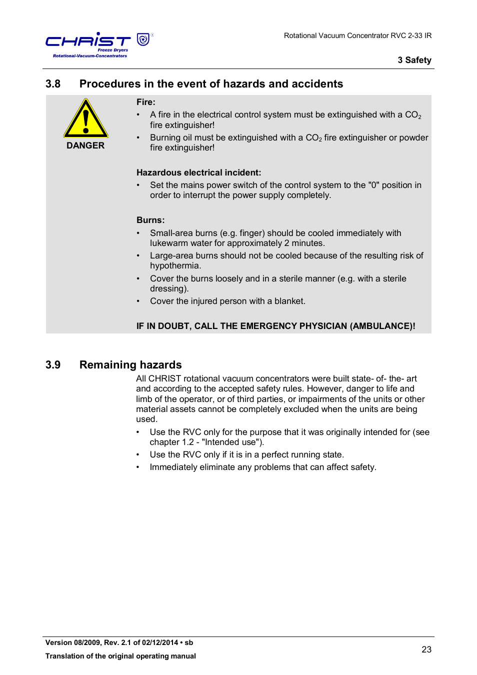8 procedures in the event of hazards and accidents, 9 remaining hazards | Martin Christ RVC 2-33 CDplus User Manual | Page 23 / 98