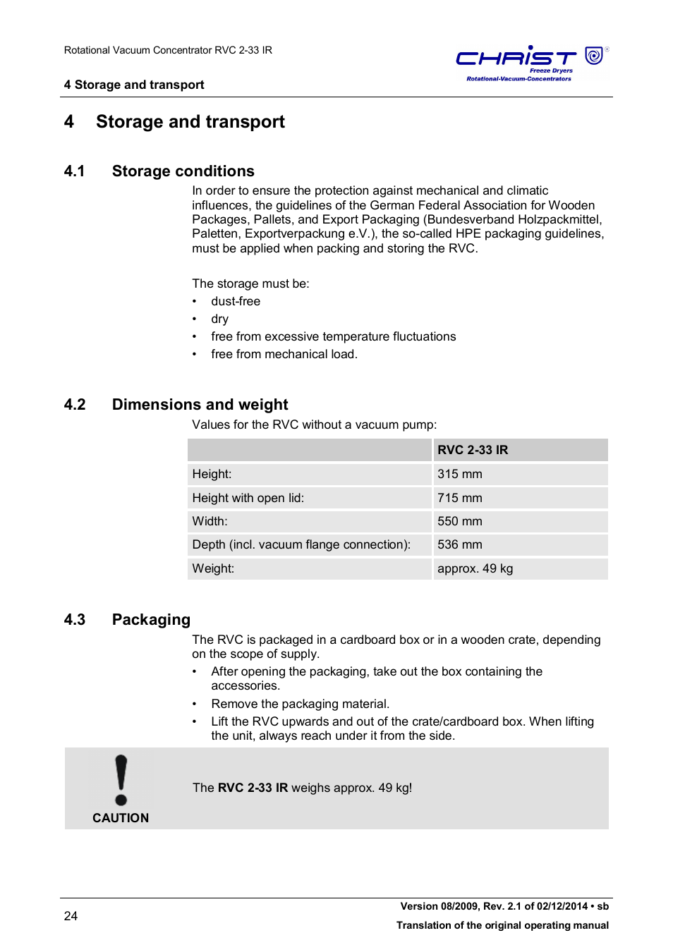 4 storage and transport, 1 storage conditions, 2 dimensions and weight | 3 packaging | Martin Christ RVC 2-33 CDplus User Manual | Page 24 / 98