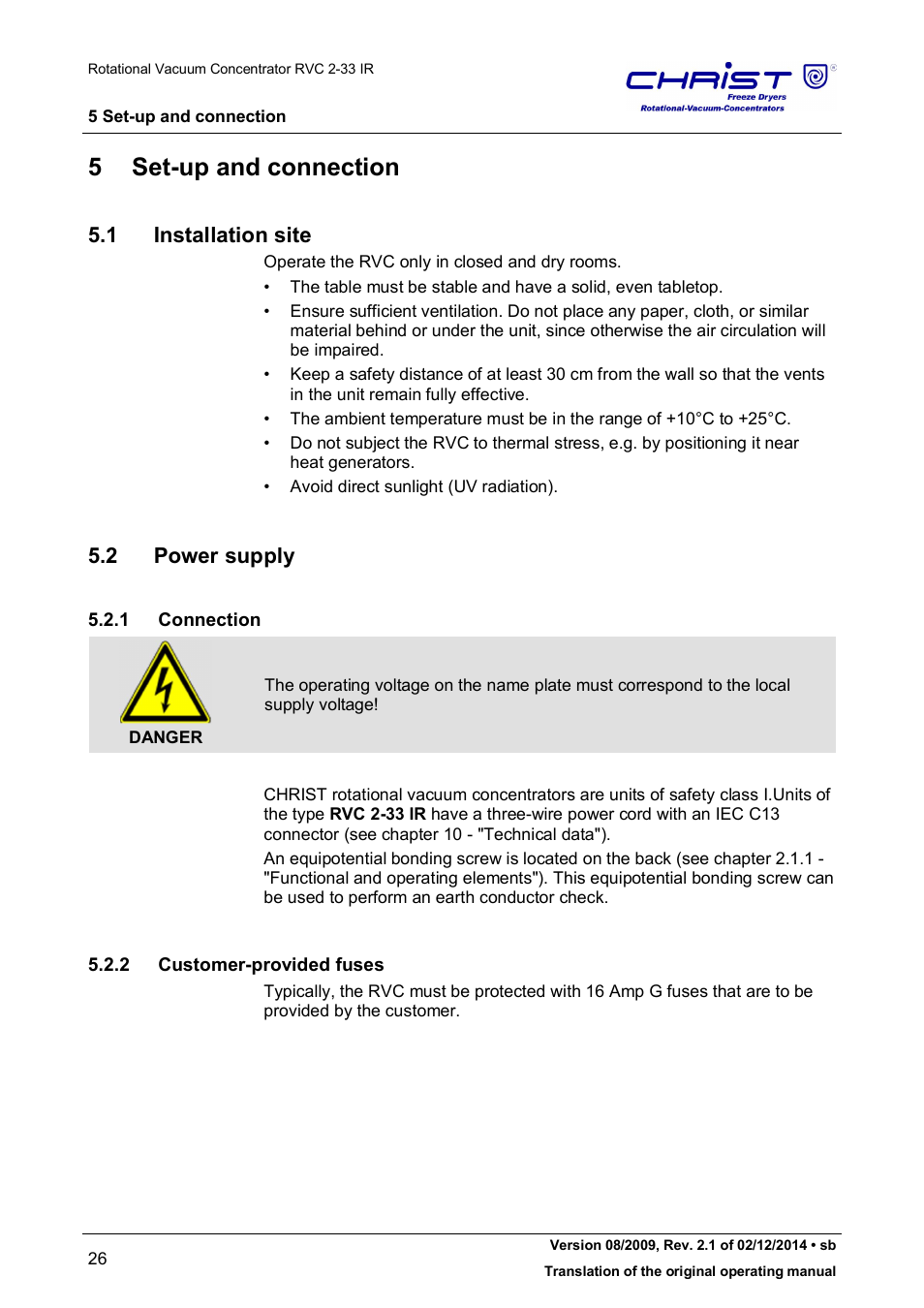 5 set-up and connection, 1 installation site, 2 power supply | Martin Christ RVC 2-33 CDplus User Manual | Page 26 / 98