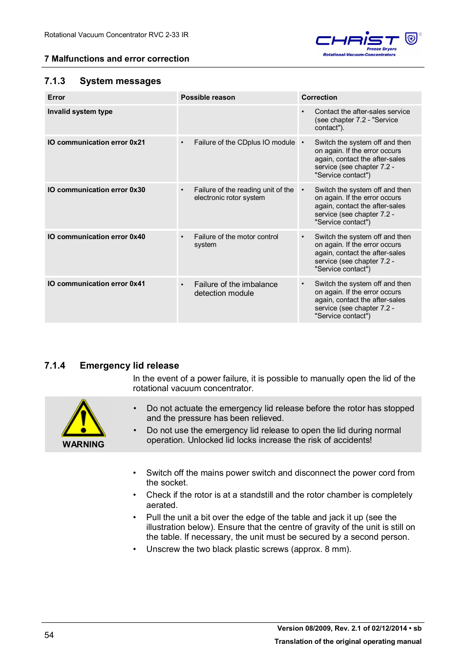 3 system messages, 4 emergency lid release | Martin Christ RVC 2-33 CDplus User Manual | Page 54 / 98