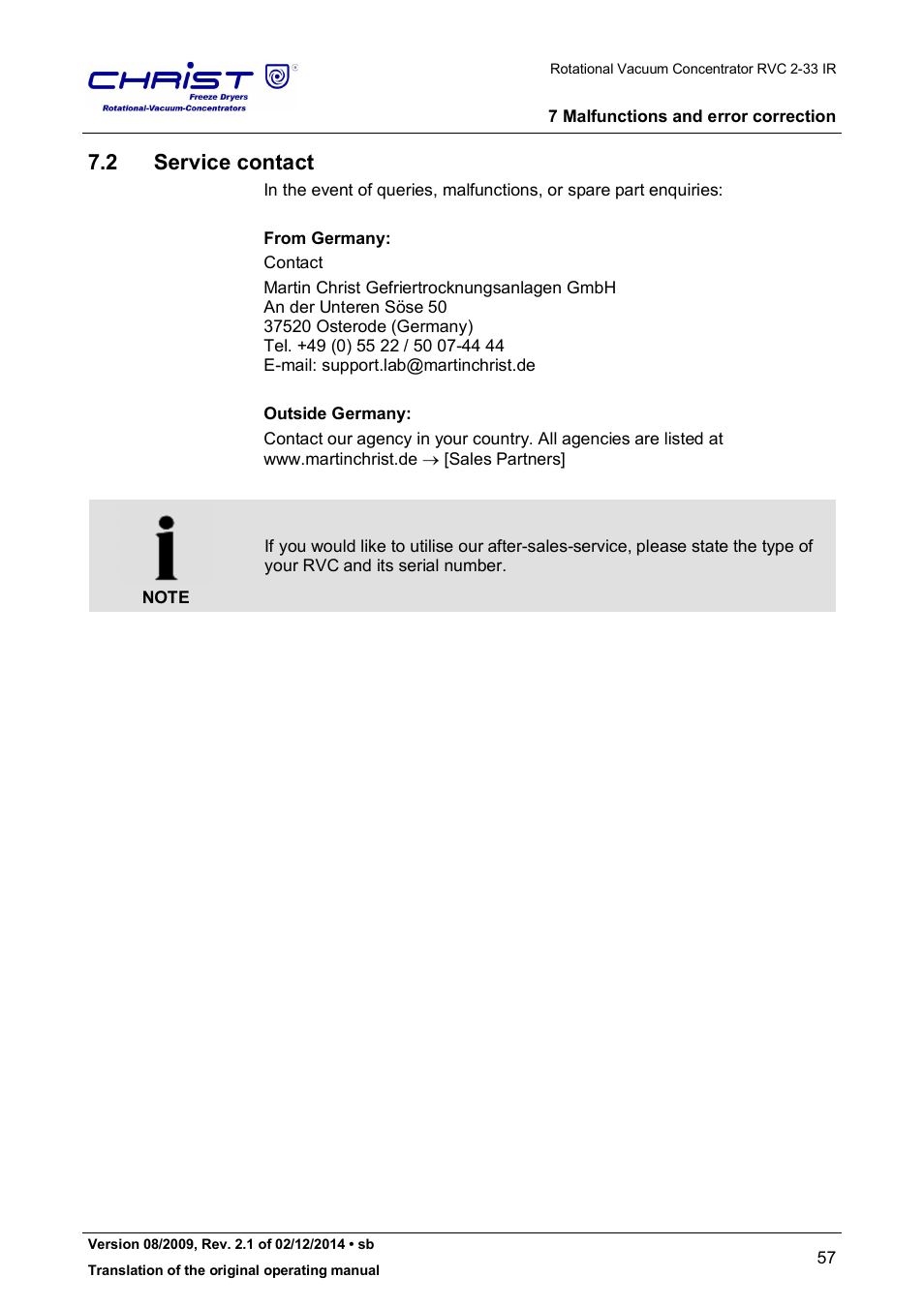 2 service contact | Martin Christ RVC 2-33 CDplus User Manual | Page 57 / 98